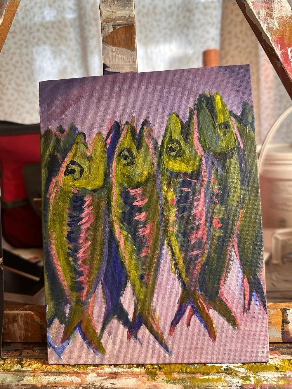 Hand-Painted Fish Wall Art - Green and Pink Aquatic Painting